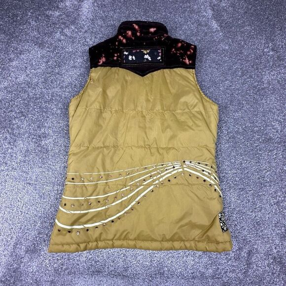 True Religion Puffer Vest Womens Small Yellow Patchwork Y2K Corduroy - Picture 8 of 8